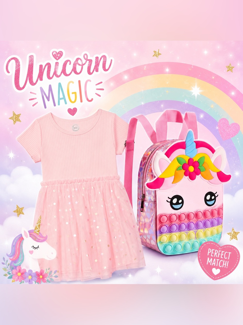 NWT Wonder Nation Pink Ribbed Tulle Dress & Unicorn Pop-It Backpack Set Girls